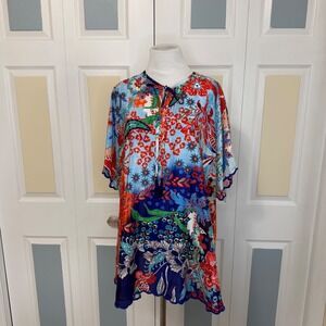 Love Kyla Anthropologie Tunic Bohemian Floral Print Tie Neck Scalloped Edge M